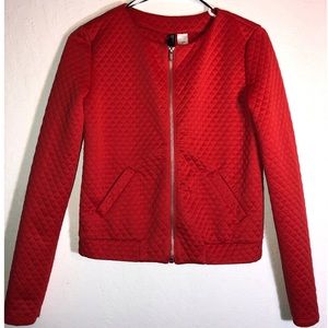 Red quilted Long sleeve zipper jacket